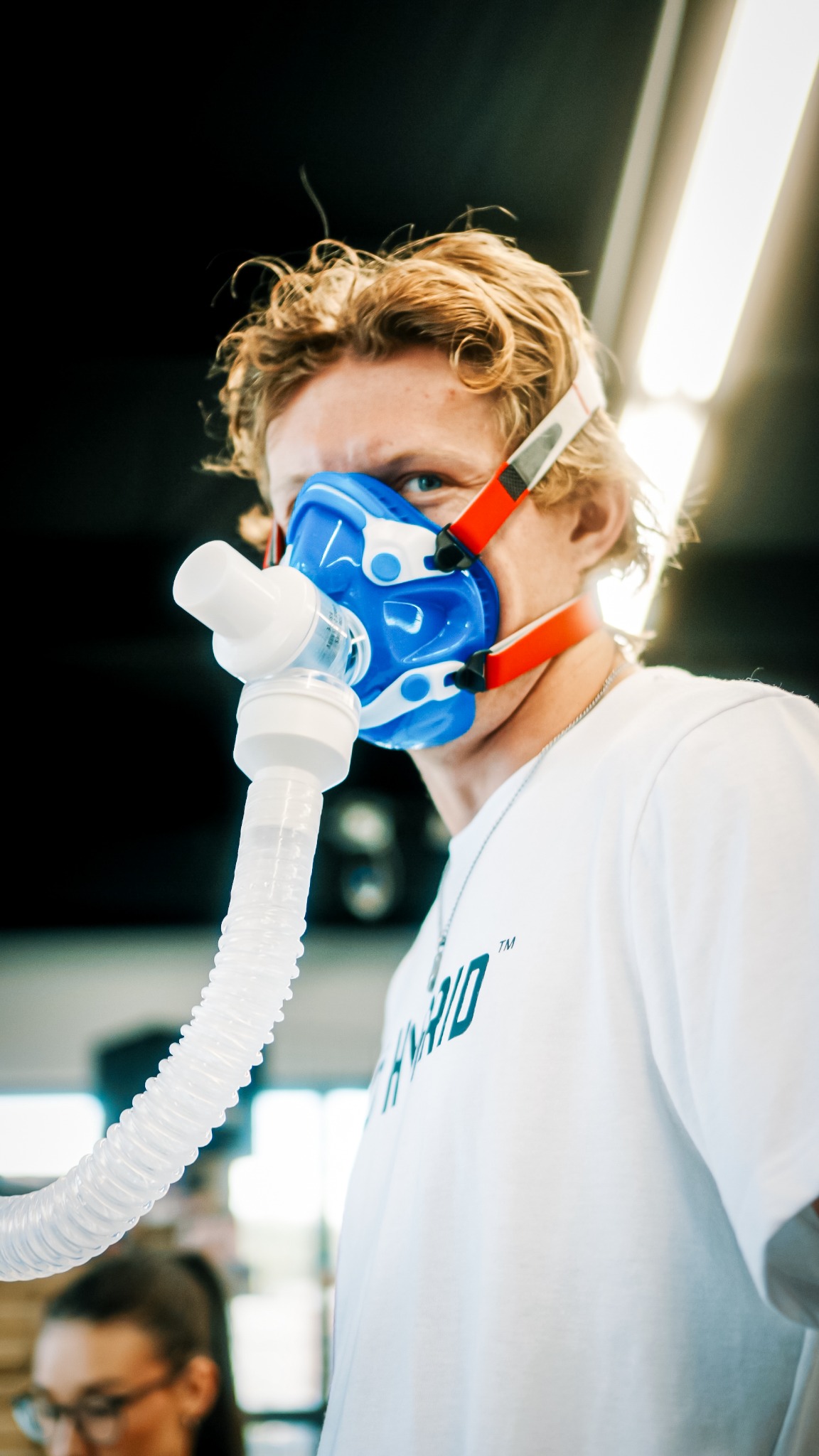 GoHybrid athlete wearing the exact metabolic mask and tubing used during testing